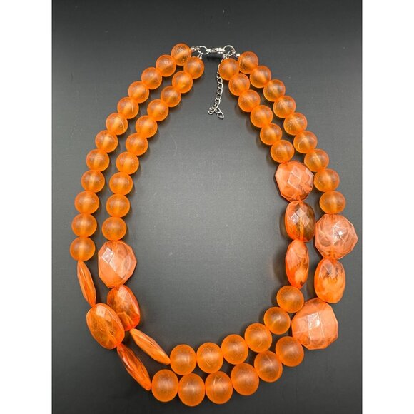 3/$30 Orange Beaded Necklace Acrylic Beads Double Strand Chunky Frosted Faceted - Picture 1 of 7